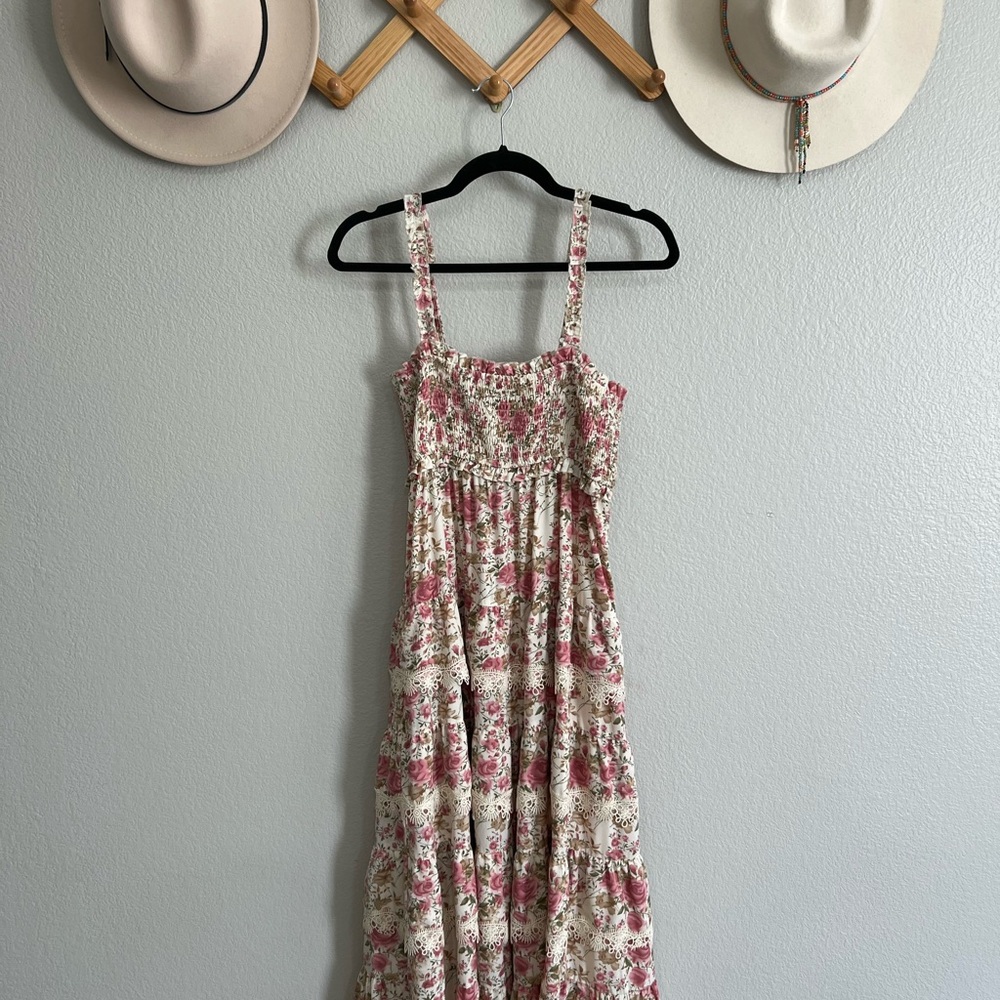 Altar'd State Floral Smocked Dress in Pink and Cream